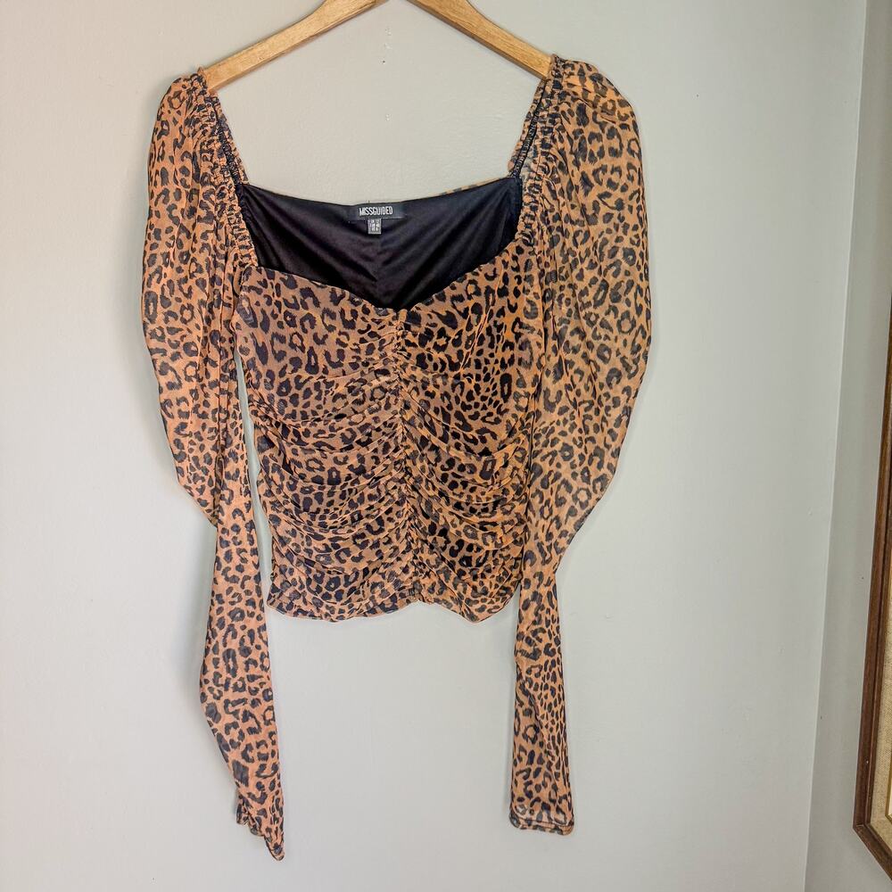 Missguided Leopard Mesh Ruched Sweetheart Puff Sleeve Crop Top Size UK 8 / US 4